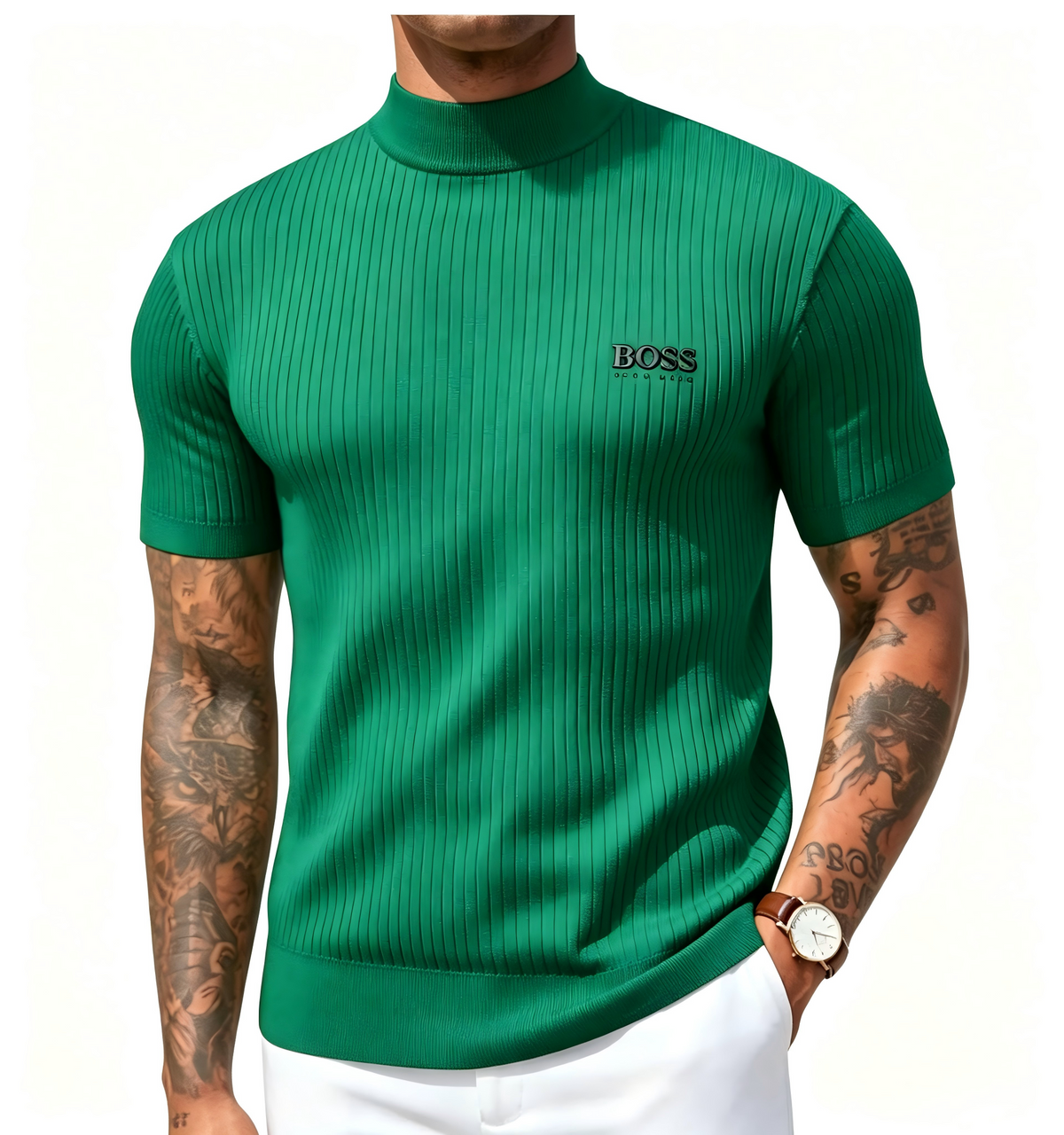 Men's high-neck short-sleeved knit sweater, vertical striped slim-fit pullover T-shirt, casual business top.