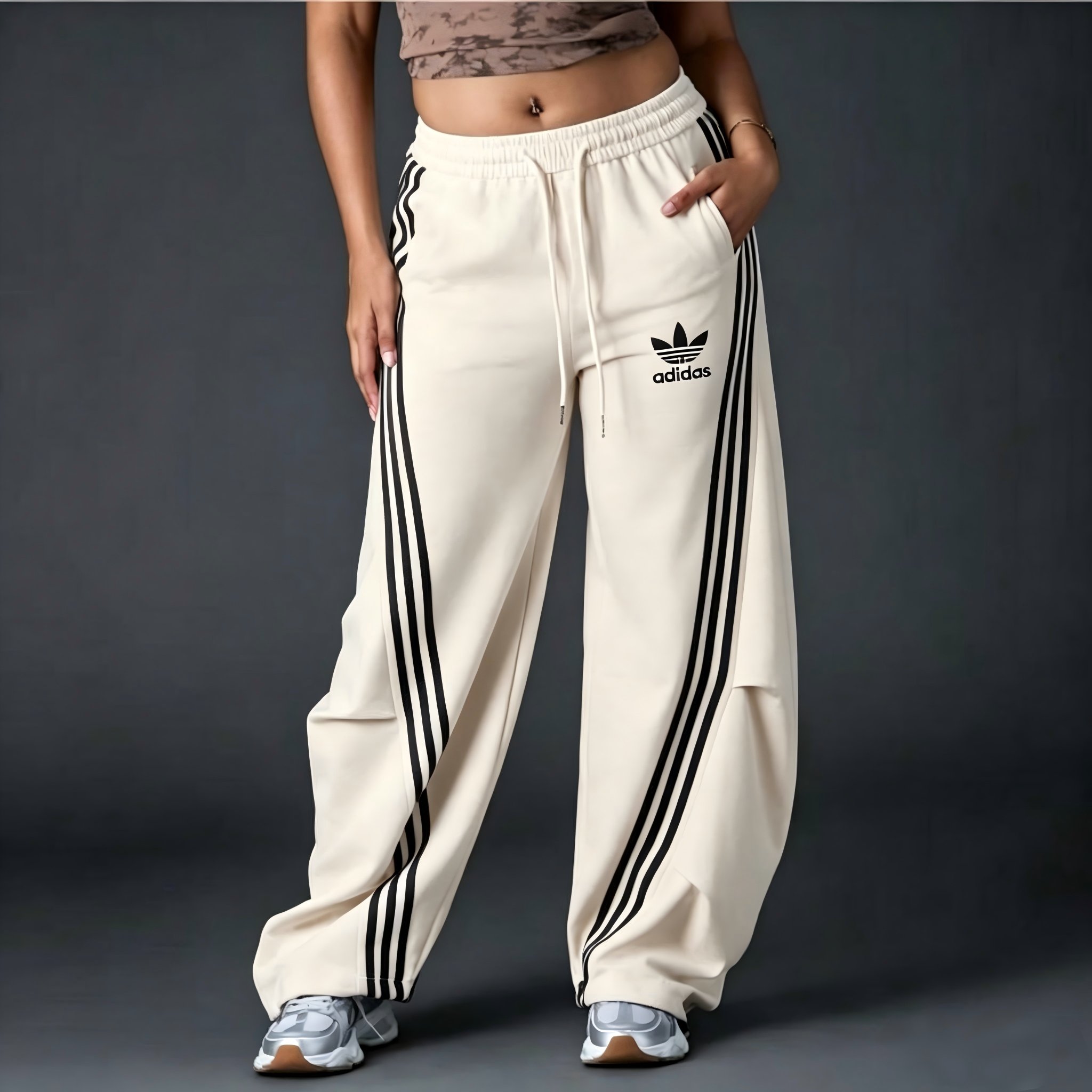 Women's Striped Wide‑Leg Sweatpants, Casual High Waist Drawstring Loose Fit Sport Trousers with Pockets for Daily Workout Streetwear