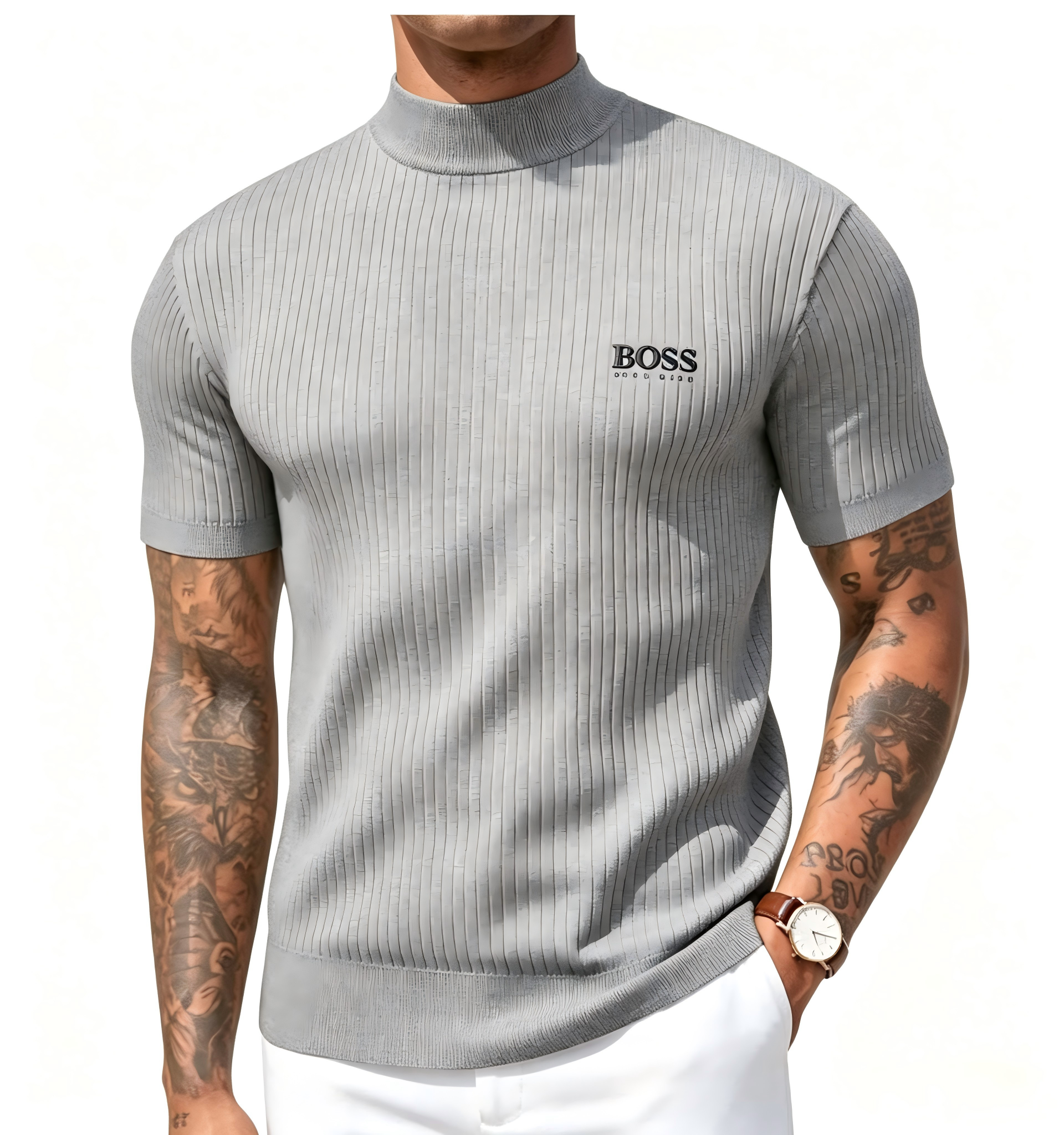 Men's high-neck short-sleeved knit sweater, vertical striped slim-fit pullover T-shirt, casual business top.