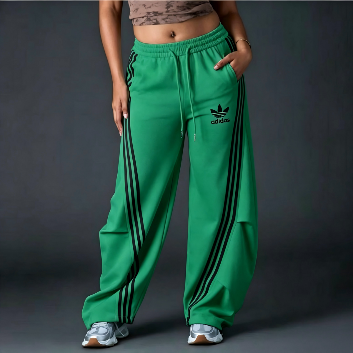 Women's Striped Wide‑Leg Sweatpants, Casual High Waist Drawstring Loose Fit Sport Trousers with Pockets for Daily Workout Streetwear