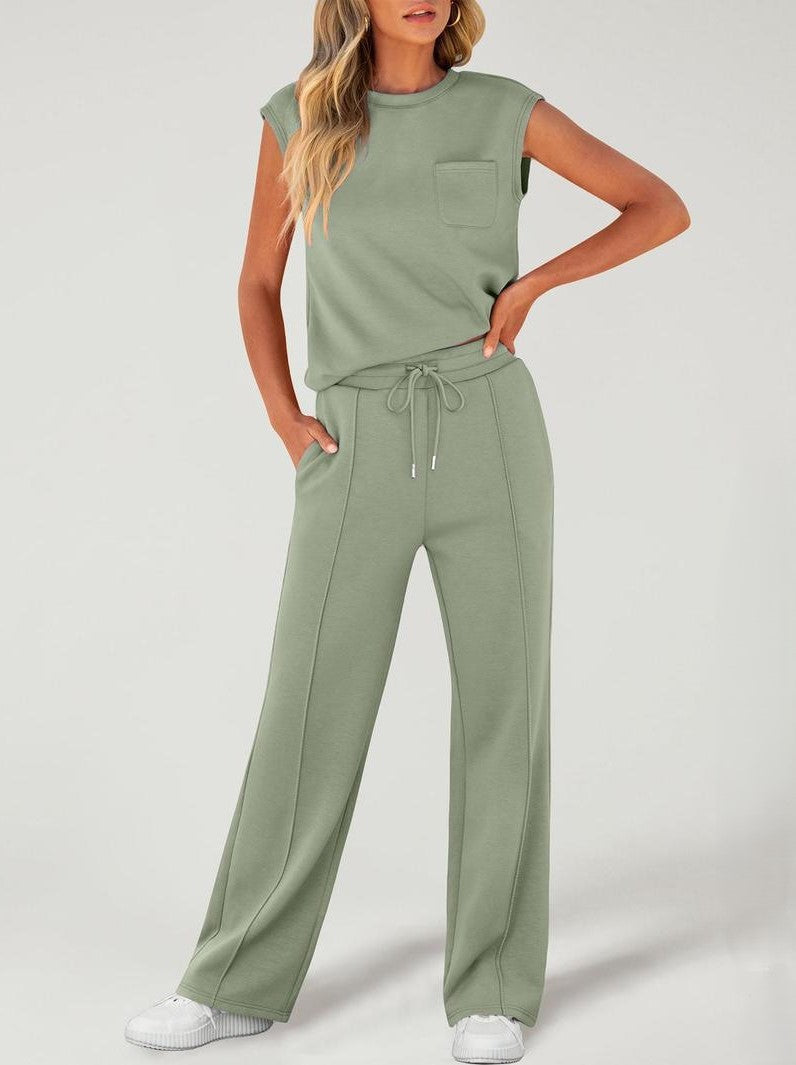 Women's Casual Solid Color Sleeveless Sports Suit, Everyday Ease Comfort Two-Piece Set