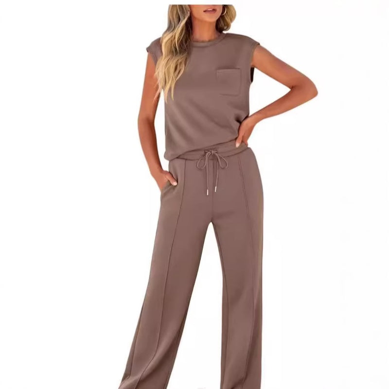 Women's Casual Solid Color Sleeveless Sports Suit, Everyday Ease Comfort Two-Piece Set